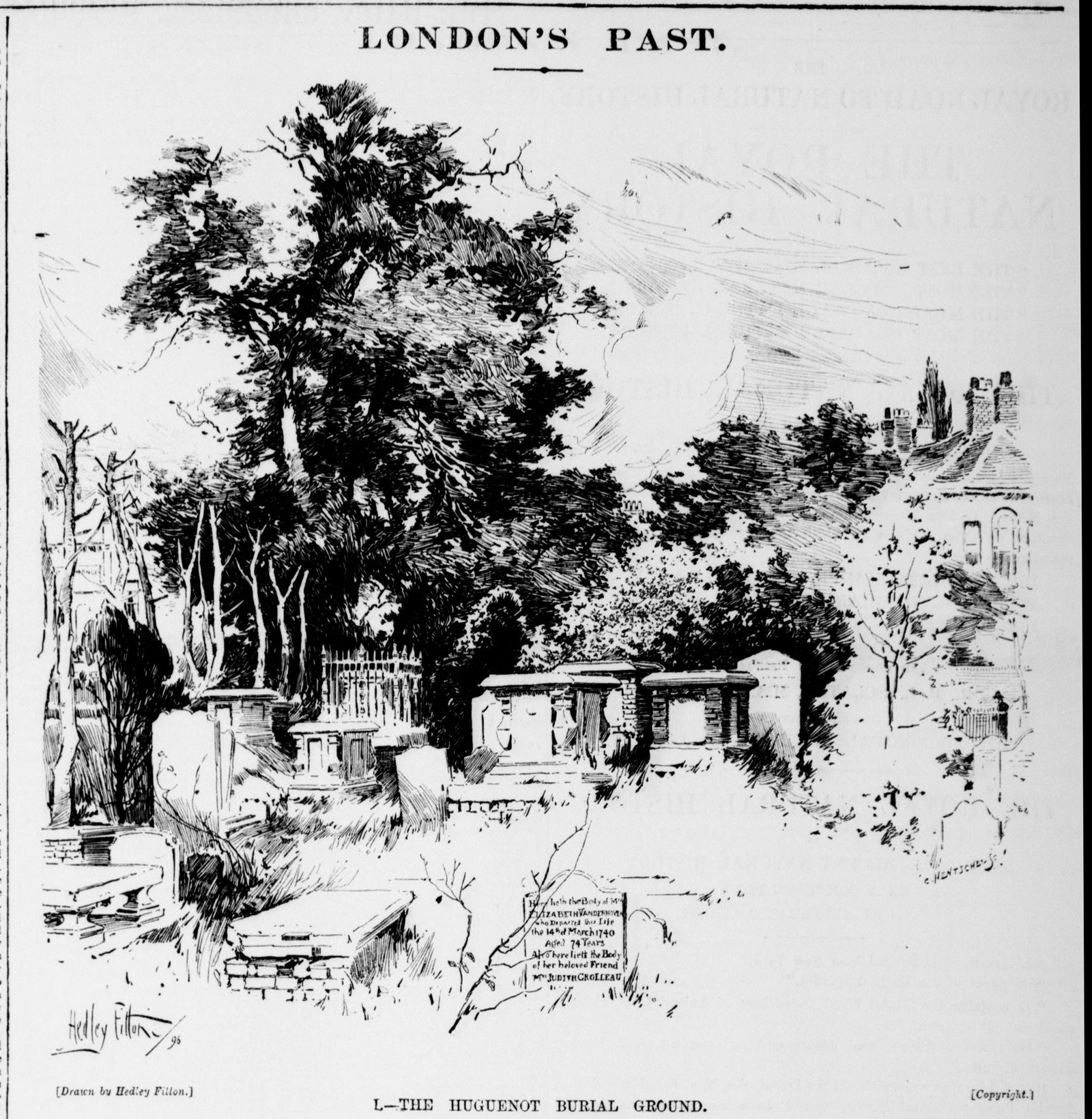 Hedley Fitton's drawing of the Huguenot Burial Ground, Mount Nod, Daily Chronicle, 16 May 1896