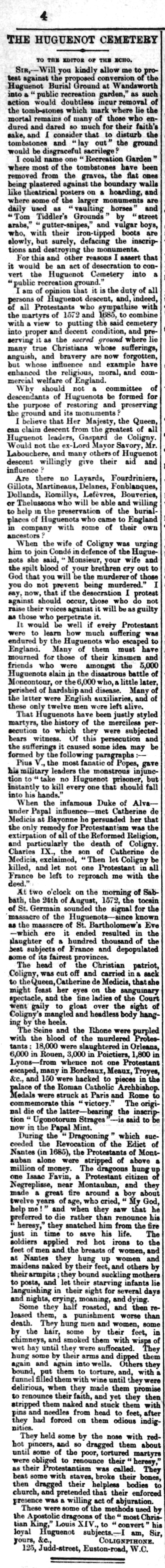 The Echo, 8 January 1897: The Huguenot Cemetery, letter to the editor (full cutting)