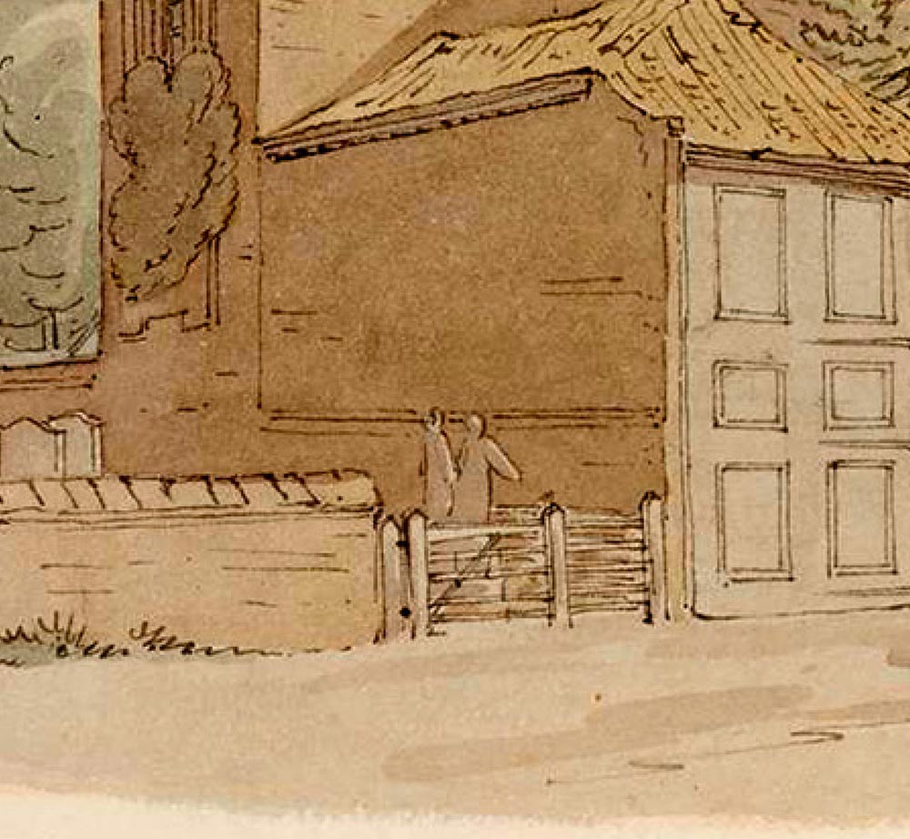 Close-up of the same view today, with two men standing where Porden drew two figures in 1813