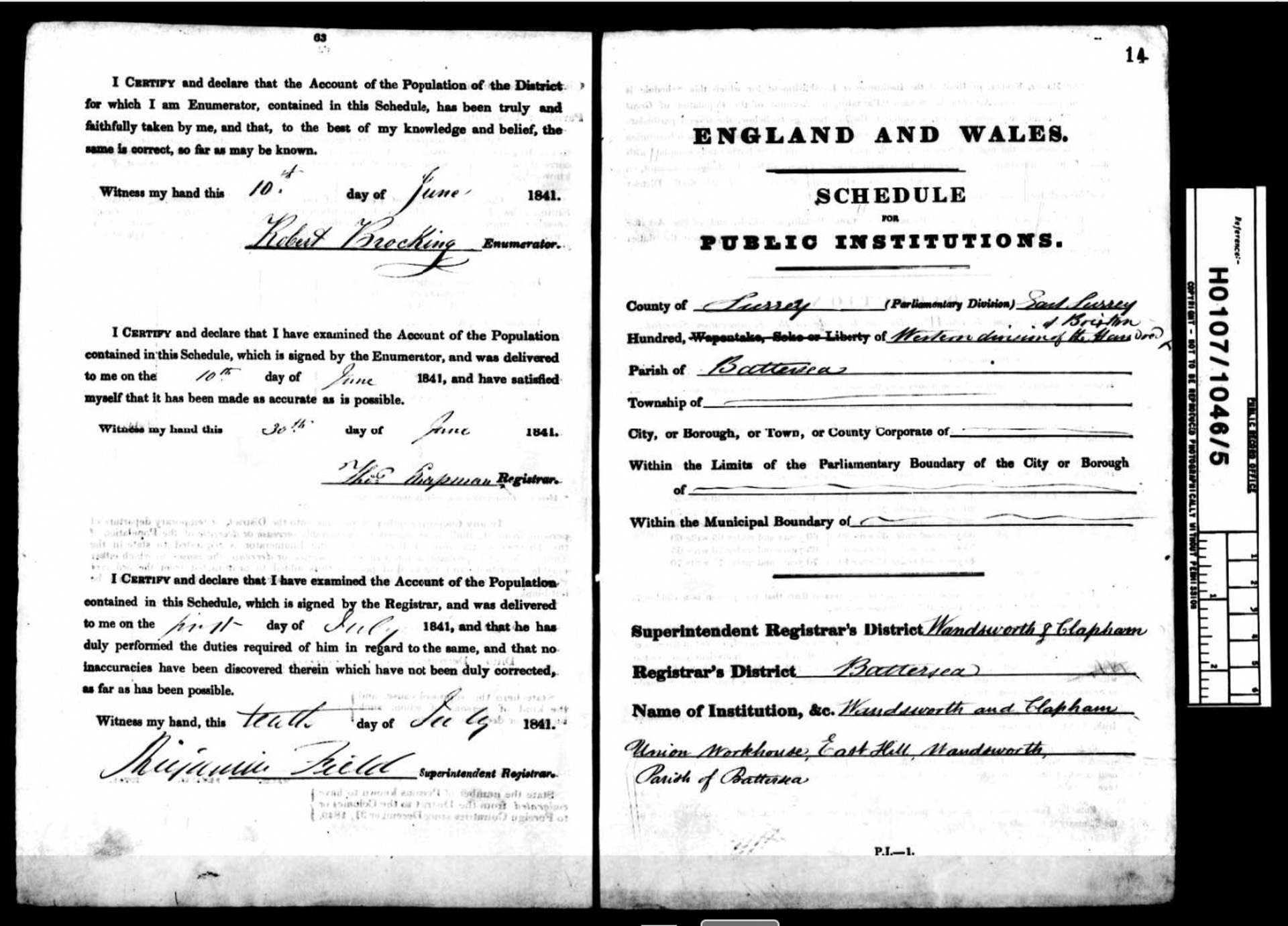 Schedule for Wandsworth and Clapham Union Workhouse