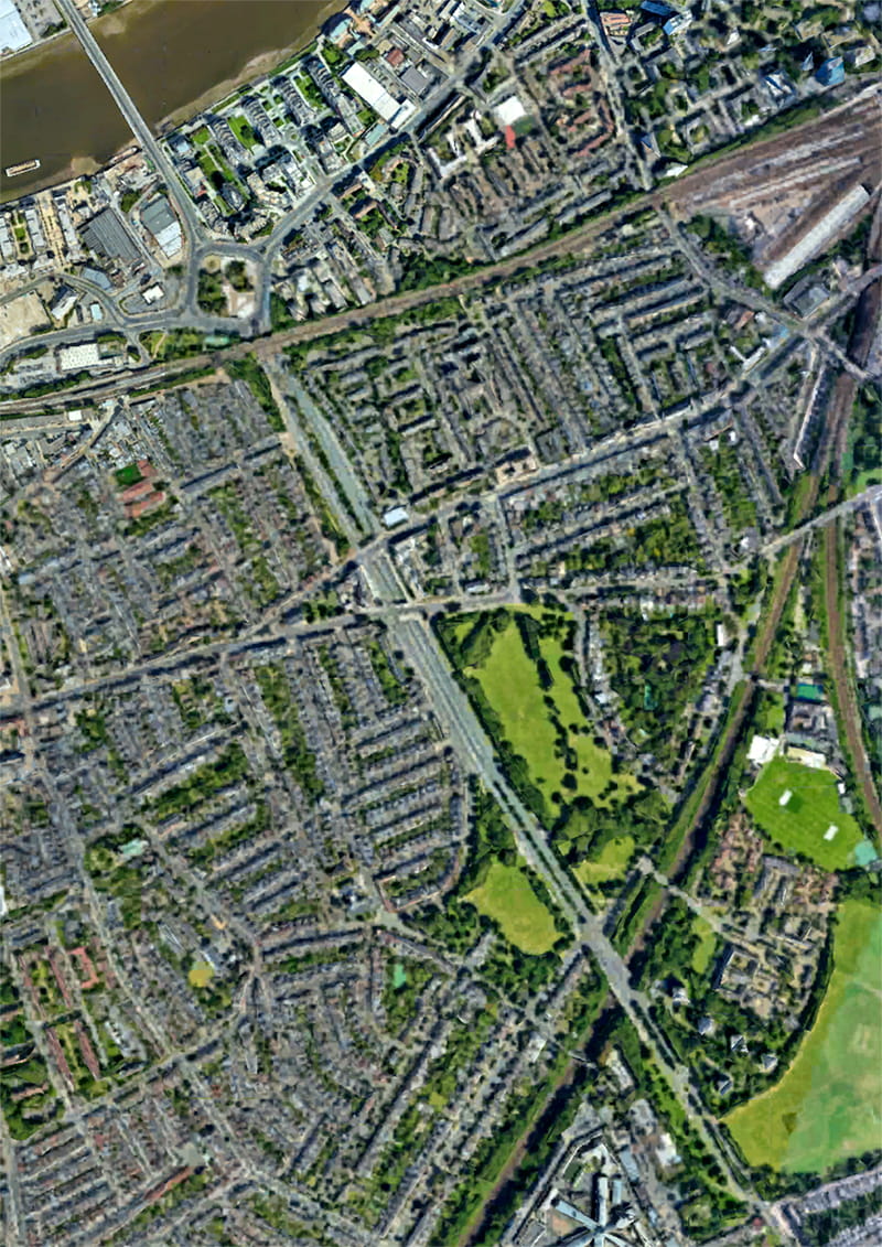 Modern aerial photograph of the same area