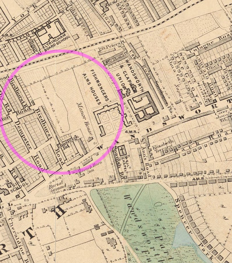 Stanford map of 1886 with the Manor House ringed