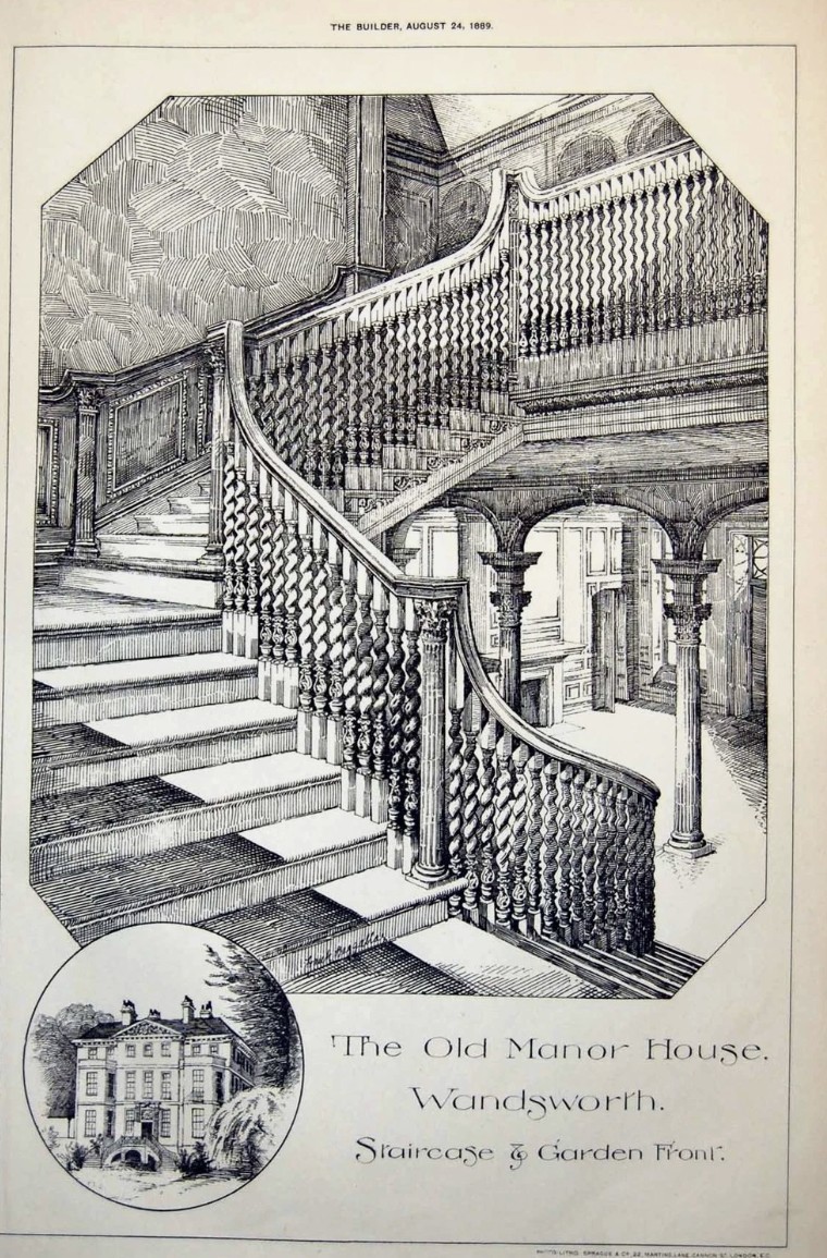The Old Manor House, Wandsworth: staircase and garden front (The Builder, 24 August 1889)