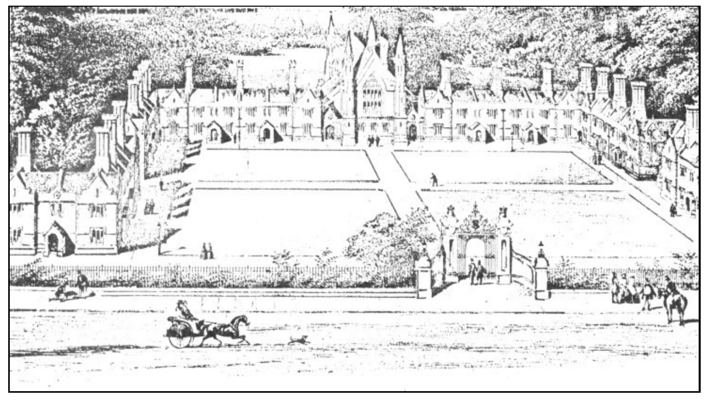 An artist's impression of St Peter's Hospital dating from 1850, before the institution was completed, showing the gateway that still stands on East Hill