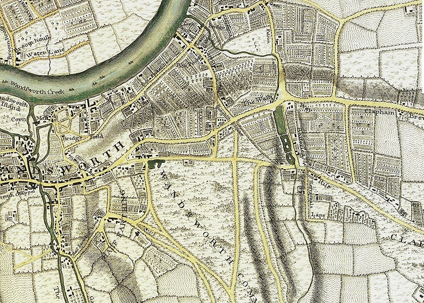 Rocque 1766 — Wandsworth Common, roads and wash