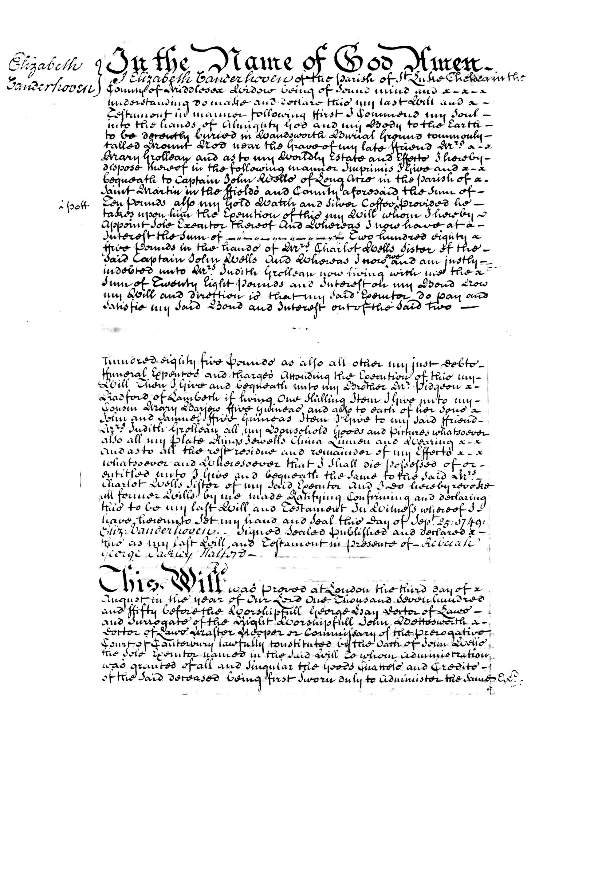 Register copy of the will of Elizabeth Vanderhoven, 1749