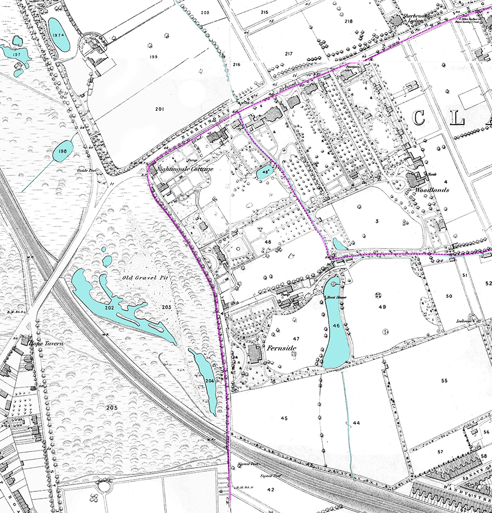 Extract from an Ordnance Survey map showing the row of houses from Nightingale Cottage to Fernside