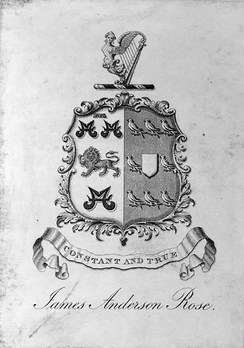 Heraldic bookplate of James Anderson Rose, "Constant And True"