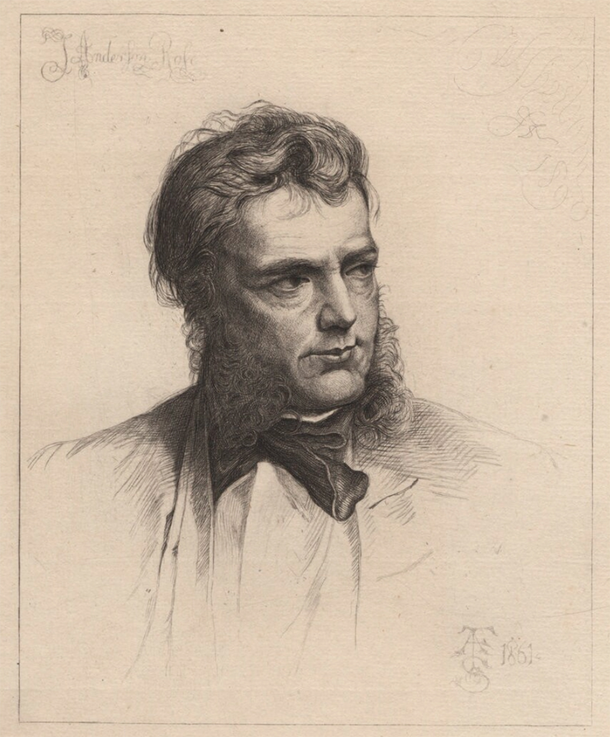 James Anderson Rose, engraving by Charles William Sherborn after Frederic Sandys, 1890