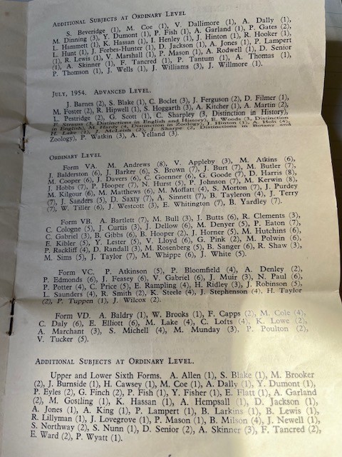 Twickenham County School O level results list, July 1954