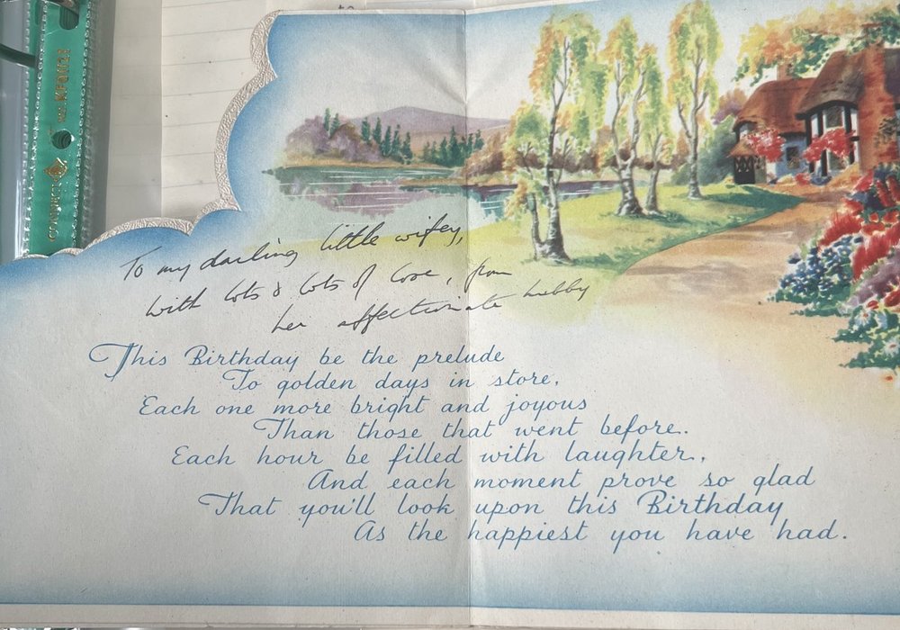 Inside the birthday card: To my darling little wifey, with lots and lots of love, from her affectionate hubby