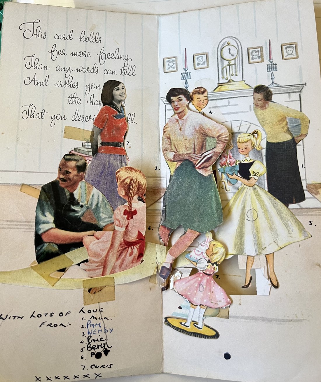Inside the card: cut-out figures numbered 1 to 7, with lots of love from Mum, Pam, Wendy, Eric, Beryl, Pat and Chris