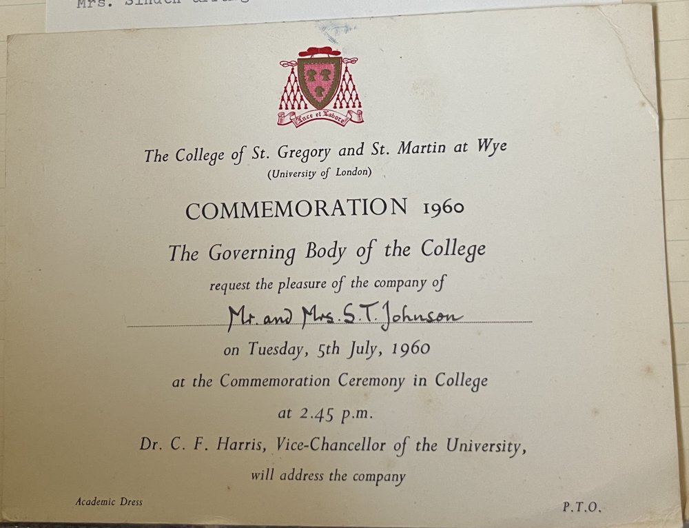 Invitation: The College of St. Gregory and St. Martin at Wye (University of London), Commemoration 1960, Mr. and Mrs. S. T. Johnson, Tuesday 5th July 1960, 2.45 p.m.