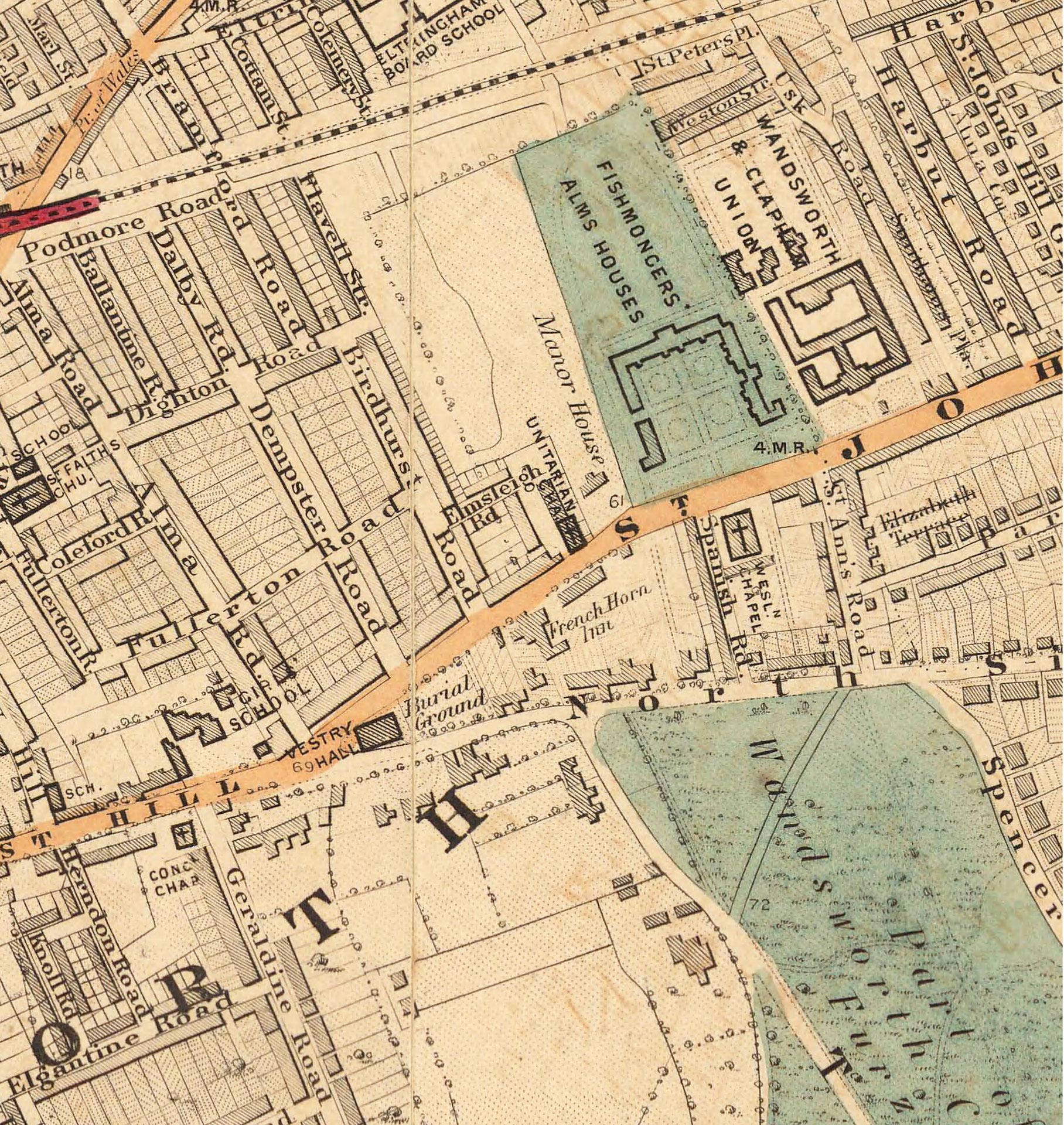 Stanford map of 1891 showing the Manor House, the Burial Ground and the Vestry Hall