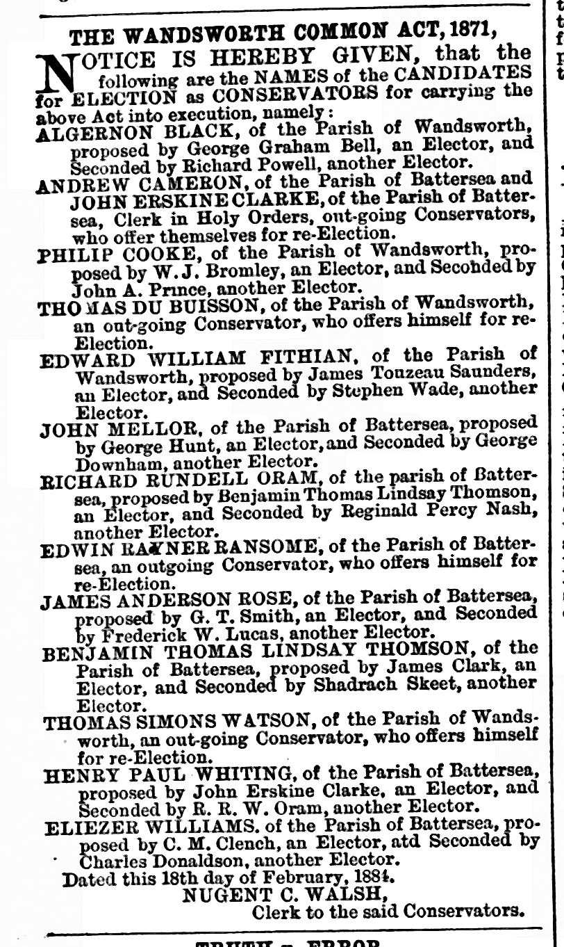 The Wandsworth Common Act 1871: candidates for election as Conservators. South London Press, 23 February 1884