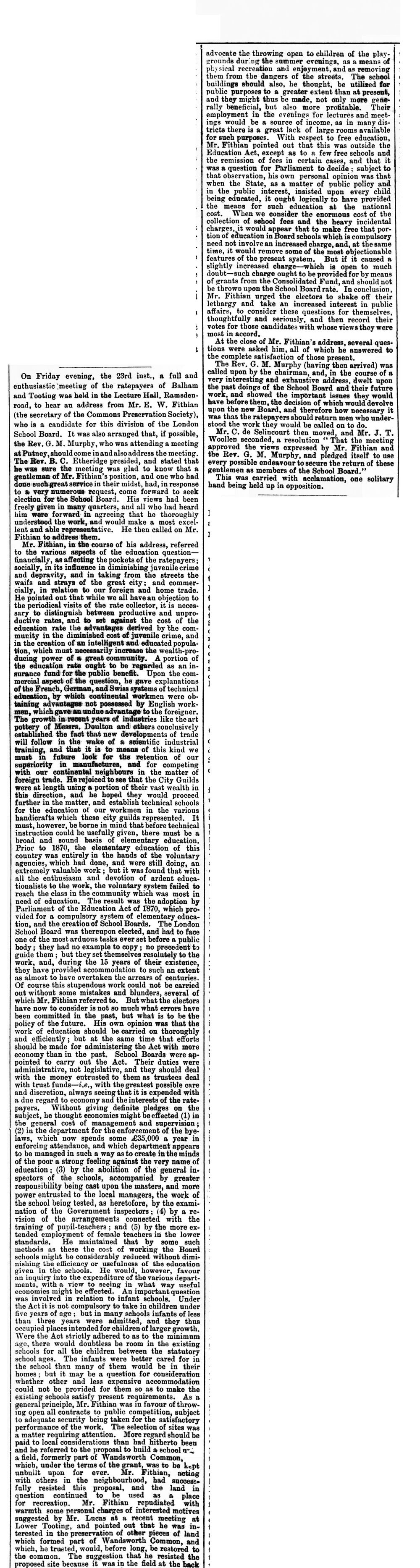 Meeting of Balham and Tooting ratepayers addressed by E. W. Fithian. South London Press, 31 October 1885