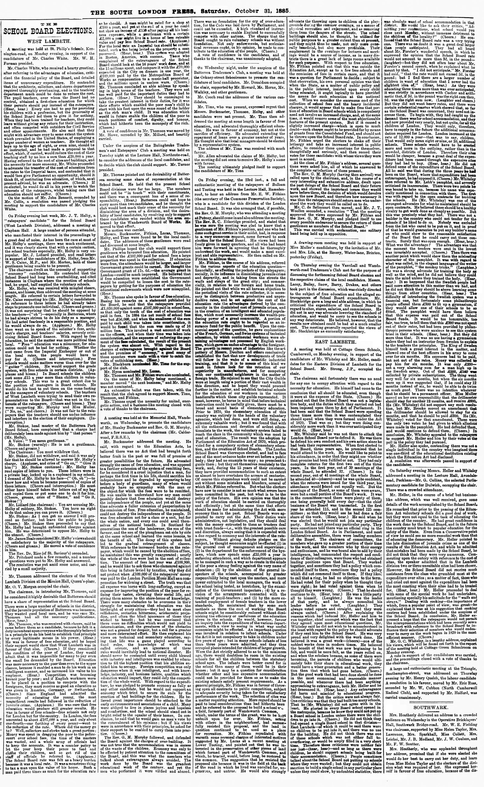 The School Board Elections. South London Press, 31 October 1885, p.2