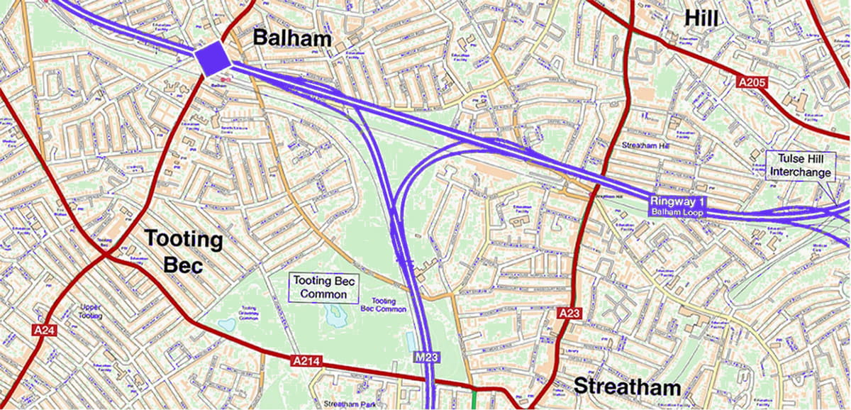 Motorway crossing Tooting Bec Common