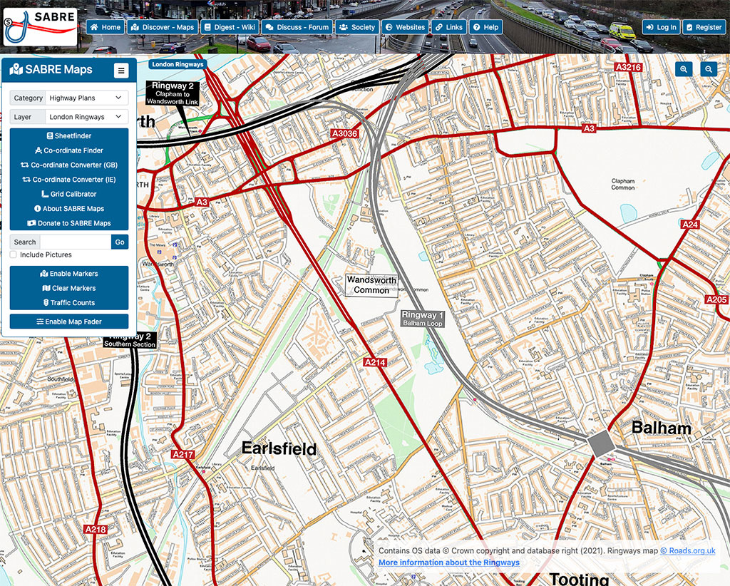 Sabre-roads map showing Wandsworth Common