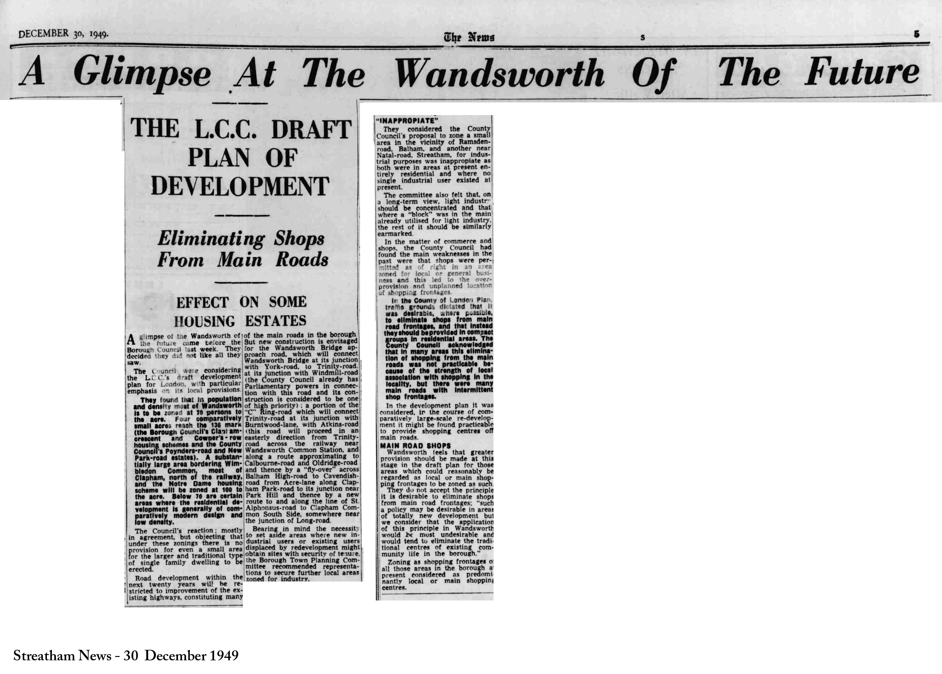 LCC Draft Development Plan, Streatham News, 30 December 1949