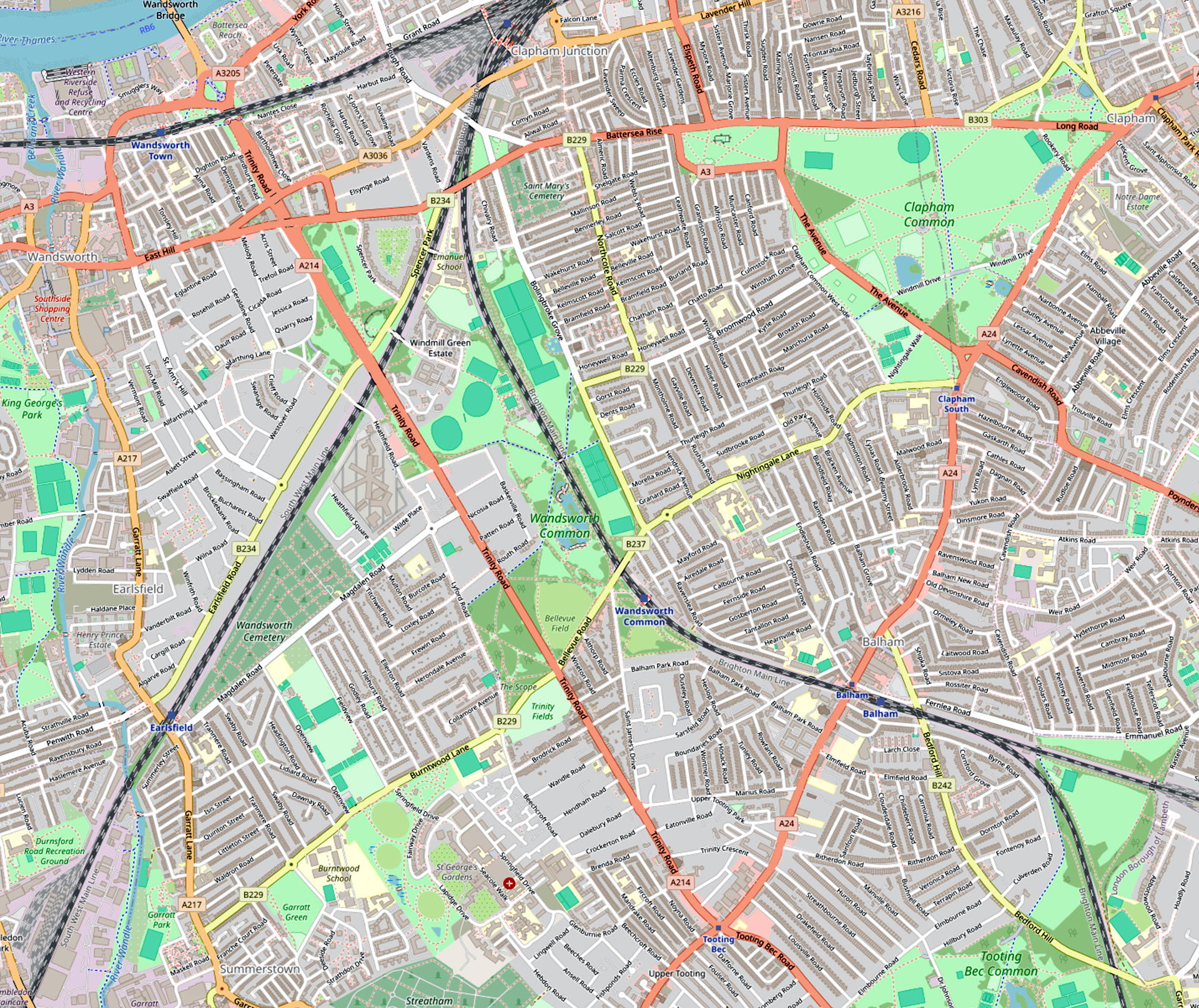 Modern map of the Wandsworth, Clapham and Balham area