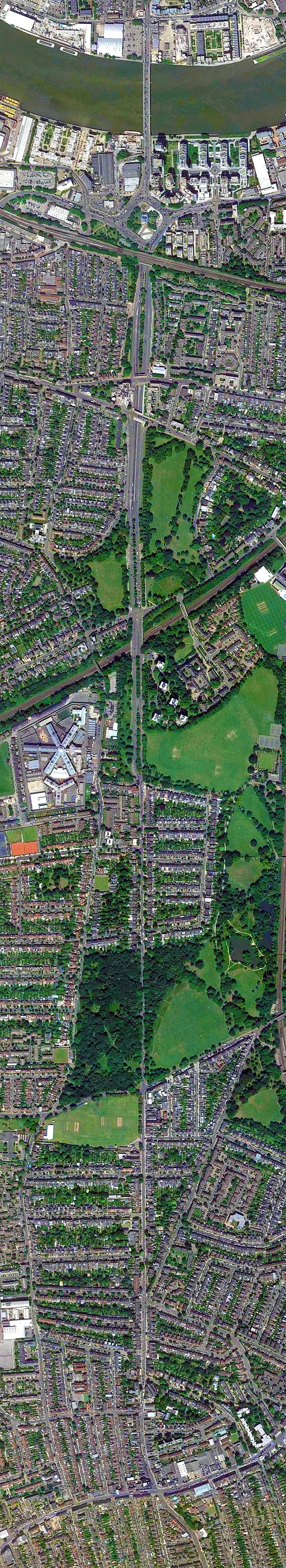 Trinity Road from Wandsworth Bridge to beyond Wandsworth Common, aerial view