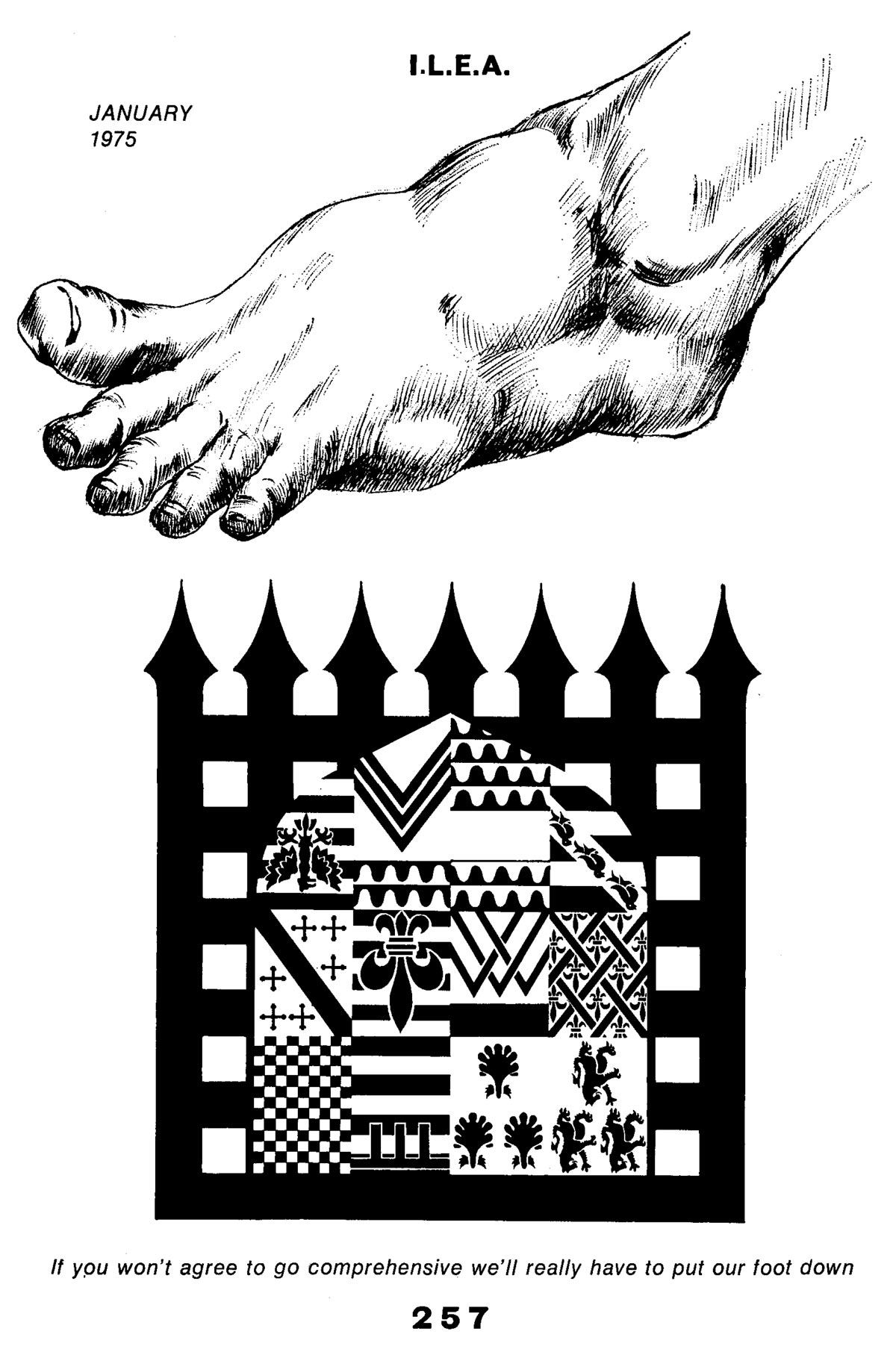Front cover of Emanuel School's Portcullis magazine: the portculis and coat of arms are shown deployed against the ILE's comprehensivisation  proposals. January 1975.