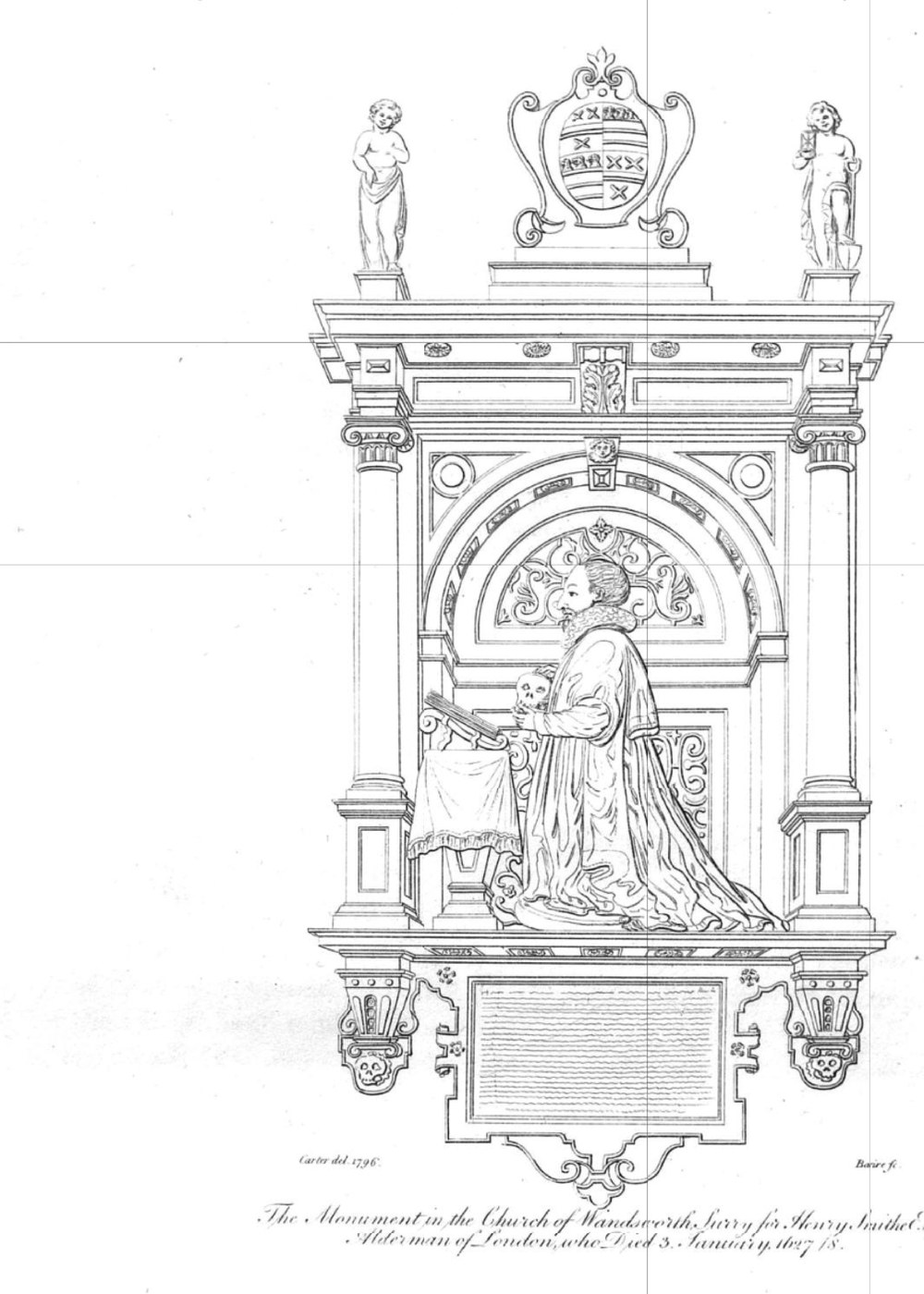 Engraving of the monument to Henry Smith in Wandsworth church, showing a kneeling alderman in gown and ruff before an arched niche, with a coat of arms above.