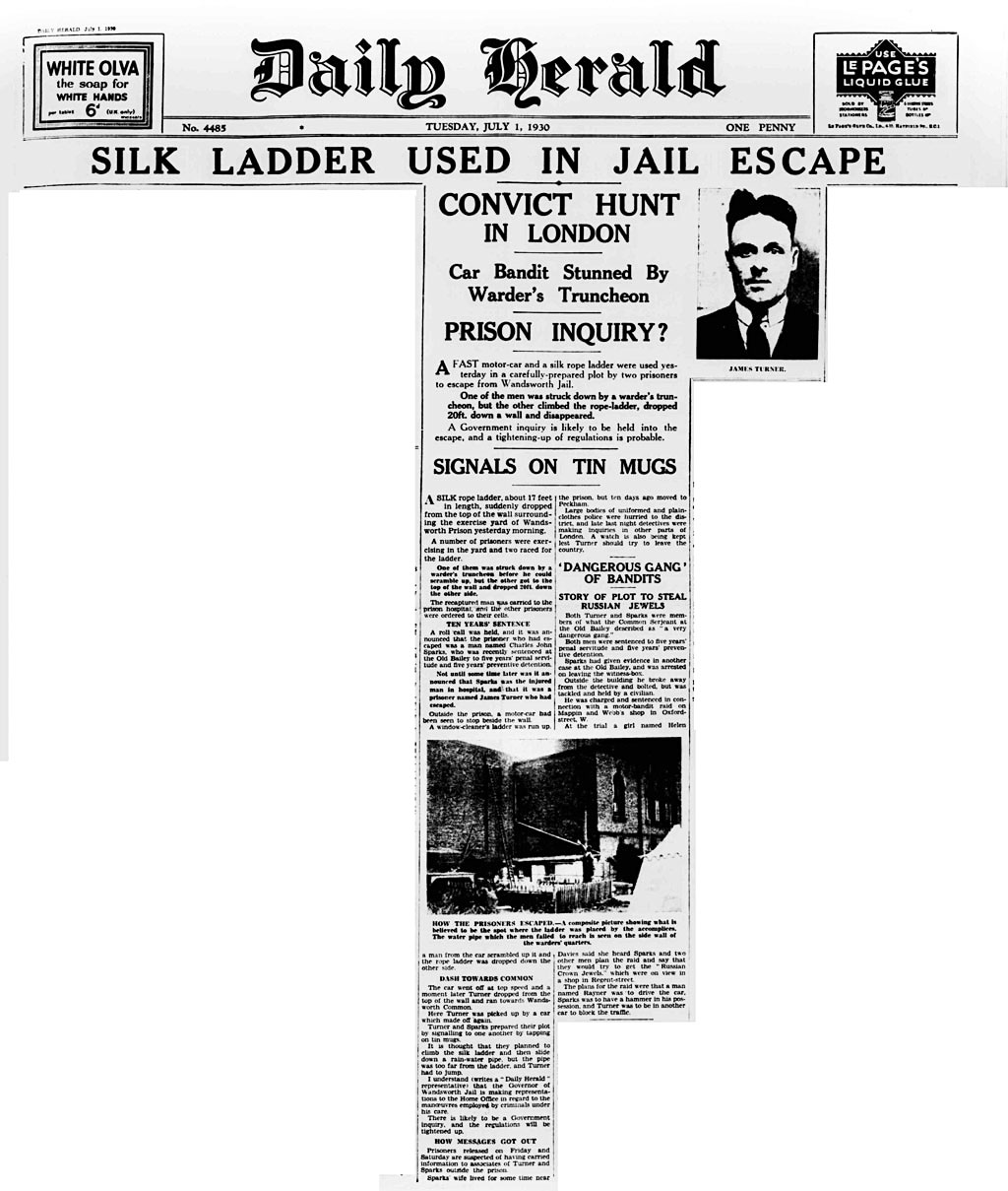Daily Herald cutting: Silk Ladder Used in Jail Escape, 1 July 1930