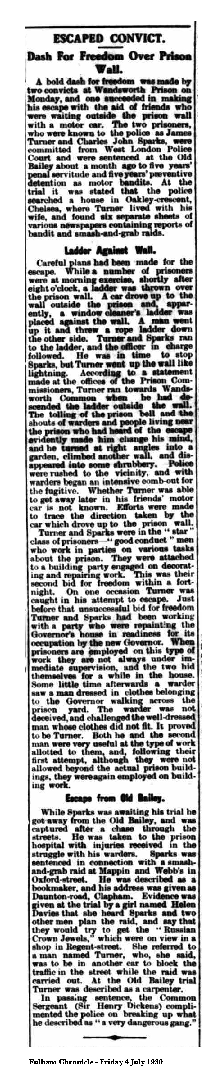 Fulham Chronicle cutting: Escaped Convict, 4 July 1930