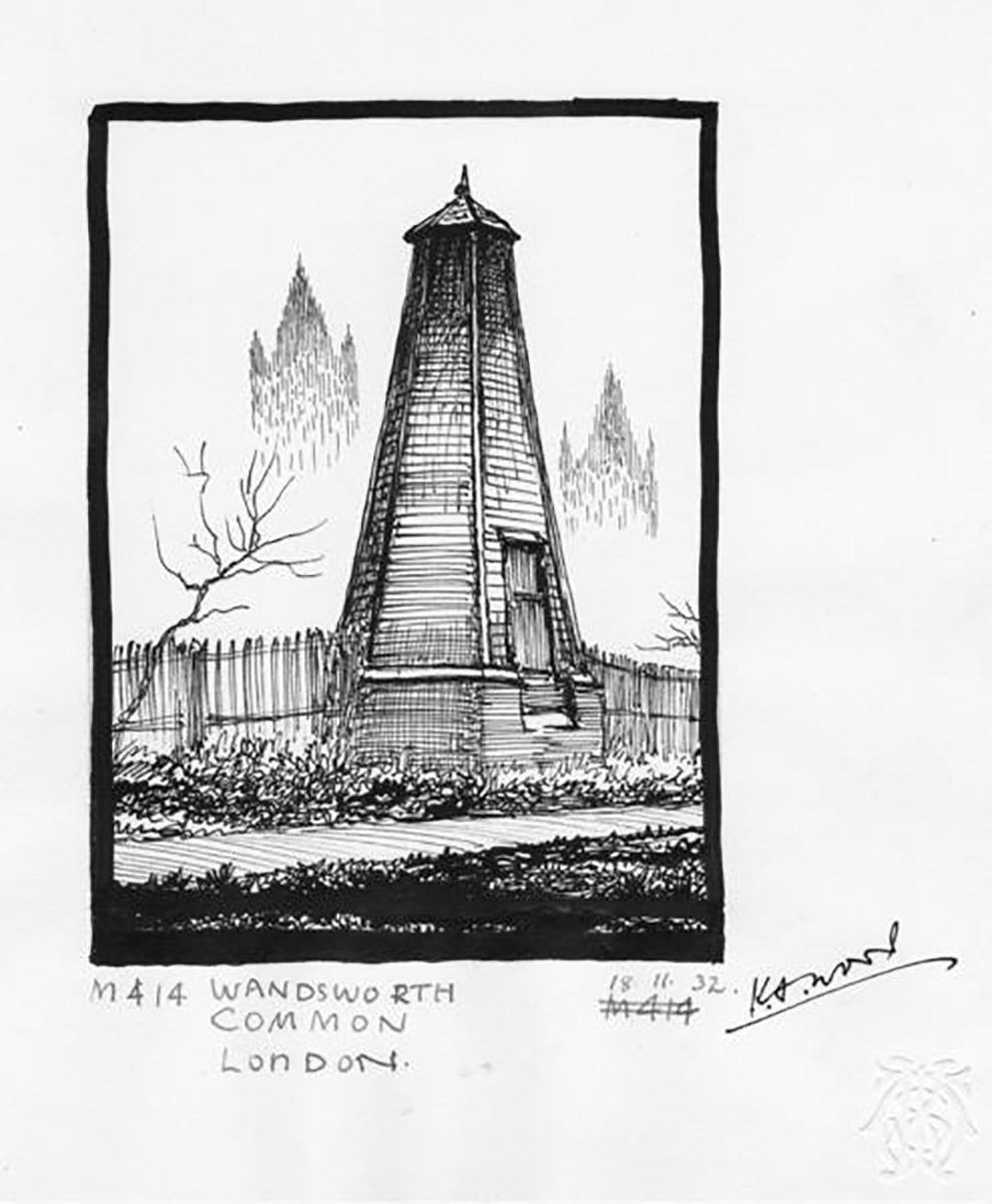 Pen-and-ink sketch of the Wandsworth Common windmill (stump mill), 18 November 1932