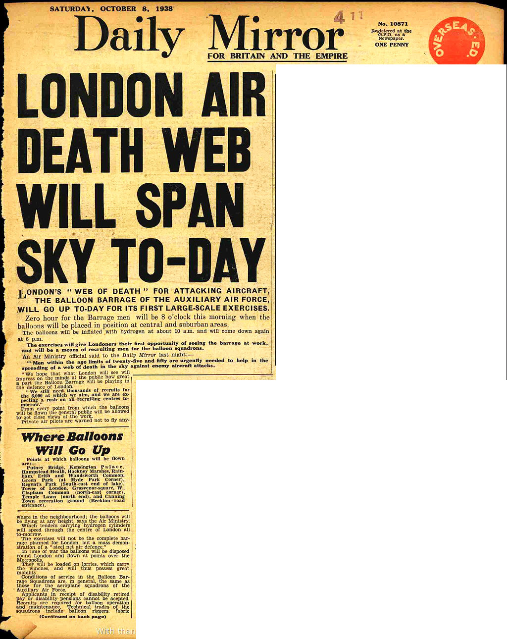 Daily Mirror cutting: London Air Death Web, 8 October 1938