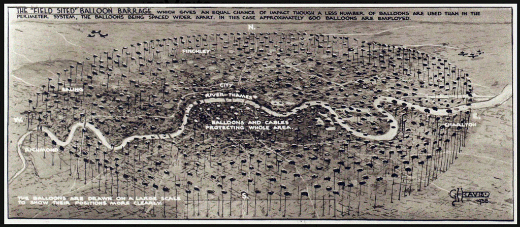 Barrage balloons field-sited, Wandsworth Common, 1938