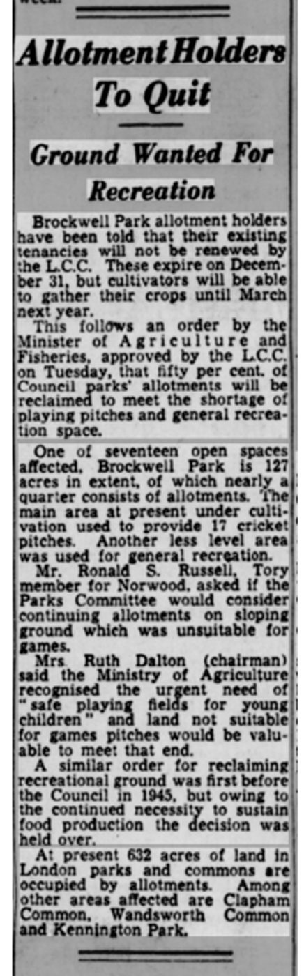 Streatham News, 1 July 1949: Allotment Holders To Quit