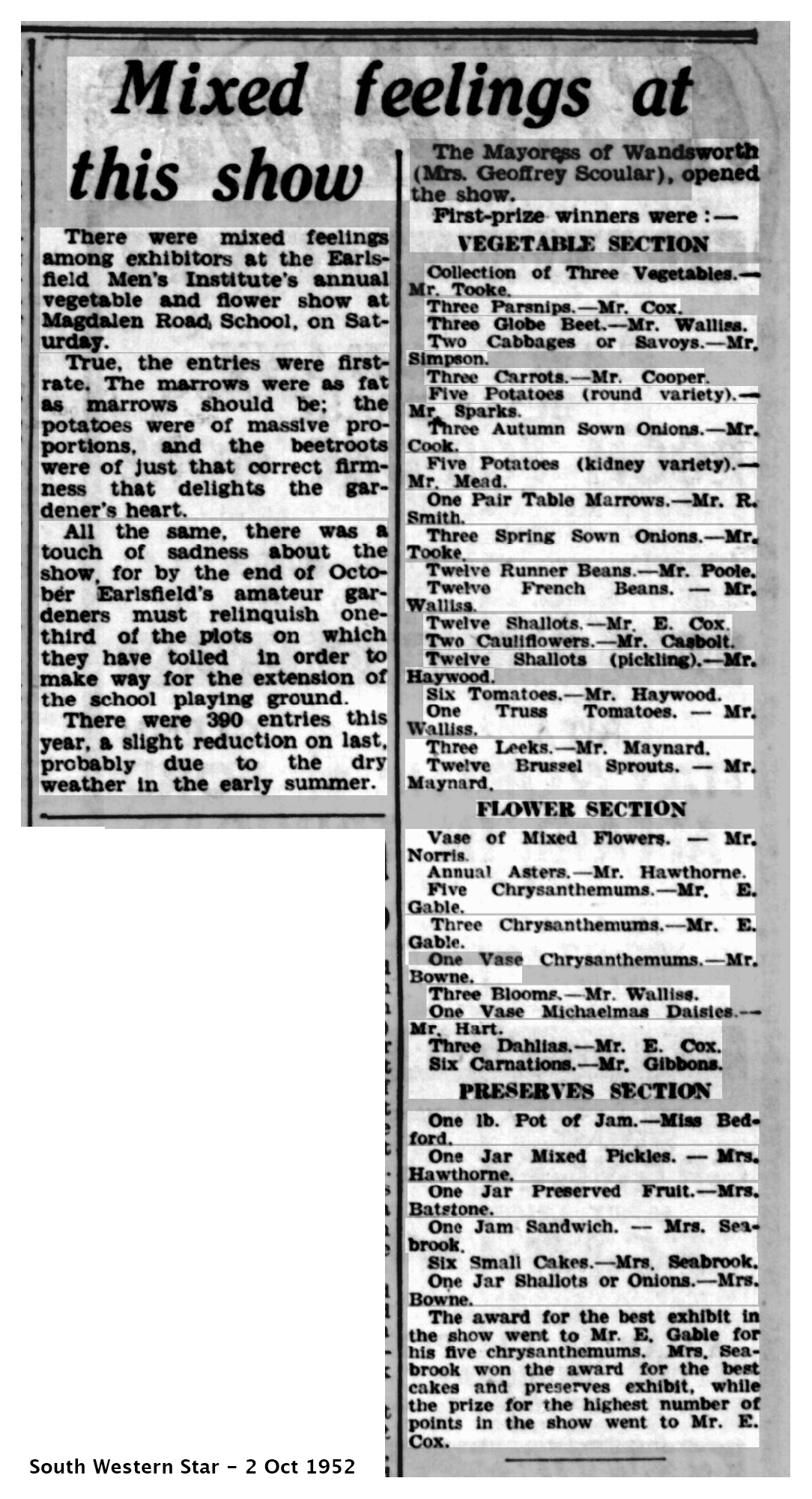 South Western Star, 3 October 1952: Mixed feelings at this show