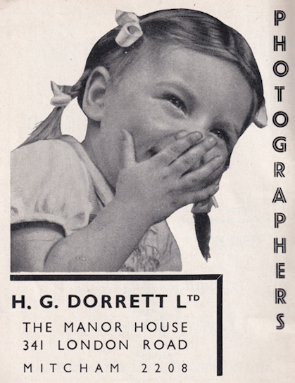 Advertisement for H.G. Dorrett Ltd, Photographers, The Manor House, 341 London Road, Mitcham