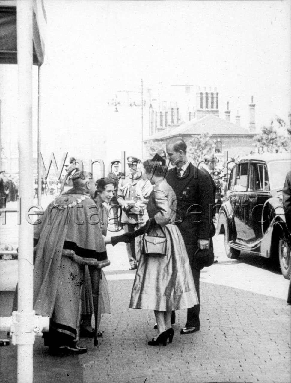 The Queen and Prince Philip greeted by the Mayor at Wandsworth Town Hall, 9 June 1953
