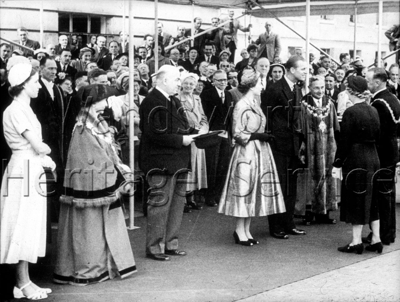 The Queen and Prince Philip with dignitaries outside Wandsworth Town Hall, 9 June 1953