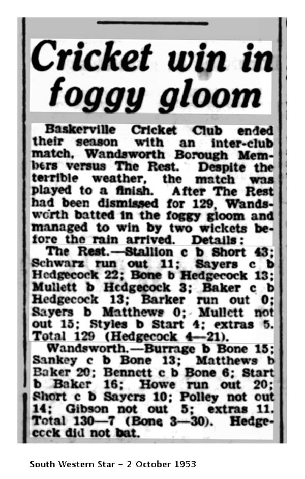 South Western Star, 2 October 1953: Cricket win in foggy gloom