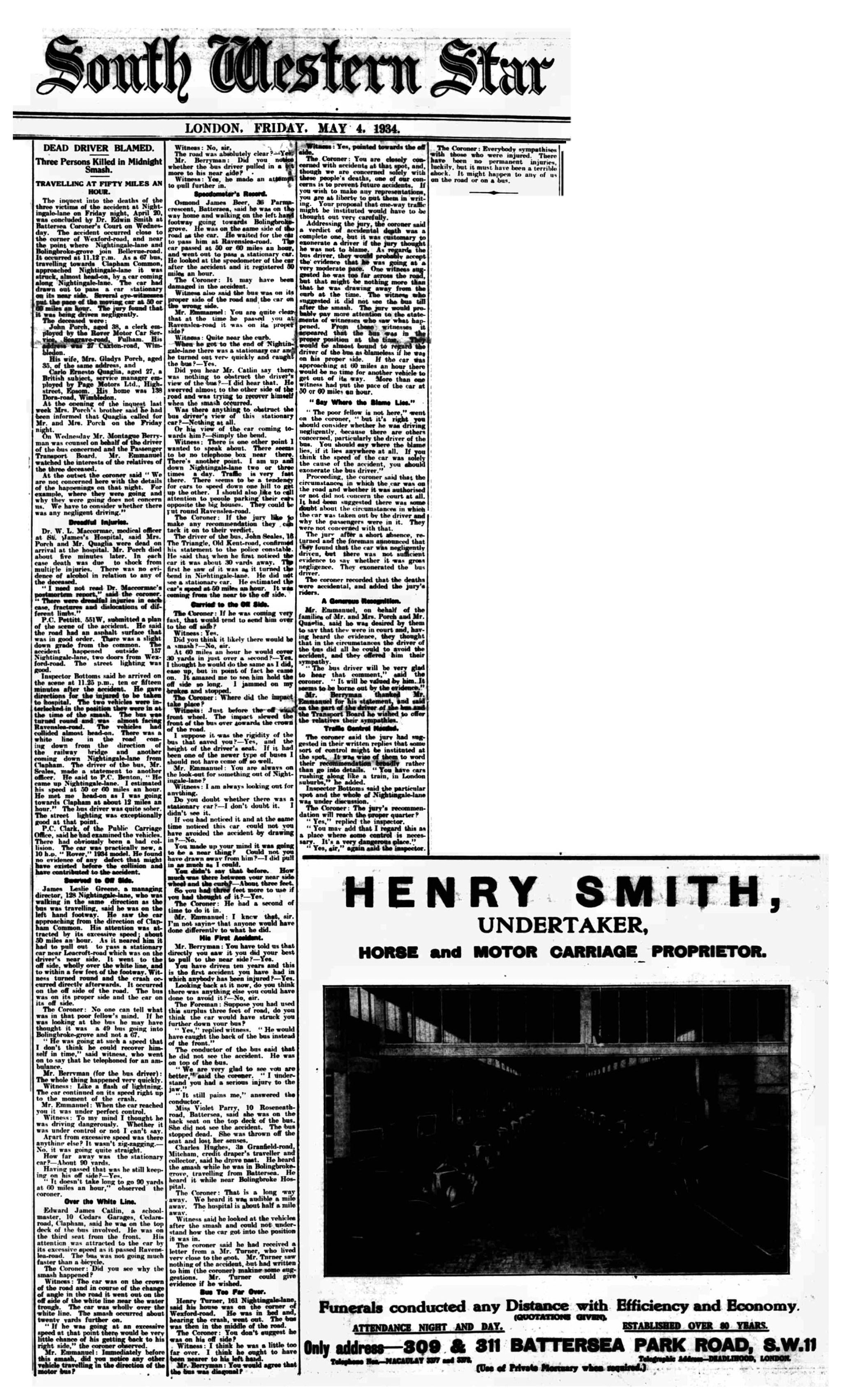 South Western Star cutting: Dead Driver Blamed, 4 May 1934